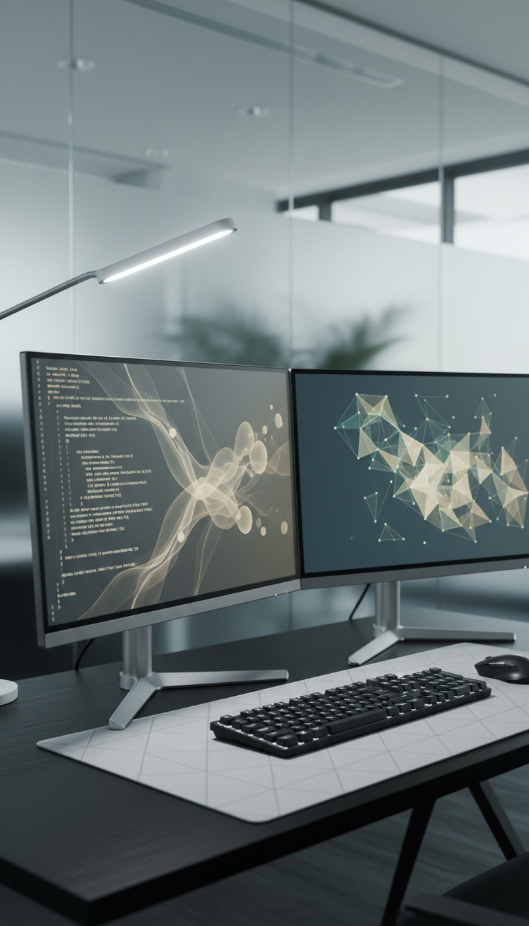 A detailed close-up of an open dual-monitor computer setup displaying abstract, neutral-tone coding interfaces and data visualizations. The monitors are stationed on a wide, uncluttered black desk with a wireless keyboard and a geometric, light gray mousepad. In the soft background, subtle hints of a glass partition suggest a corporate research lab environment. The lighting is a dedicated, cool white desk lamp providing even illumination across the screens, with gentle reflections subtly defining screen edges and creating a focused, purposeful workspace mood. The composition uses a medium-depth field to keep technology crisp and attention centered, reflecting high-level technical expertise in a photographic, meticulously clean style.